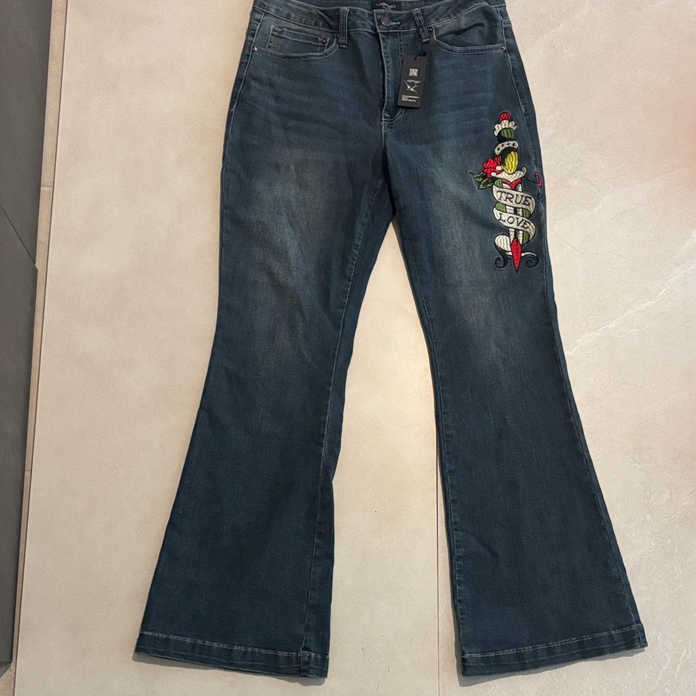 Ed Hardy Slim Flare Women's Multi Color Embroidery Blue Jeans Size 32 - Picture 5 of 6